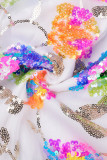 White Casual Patchwork Sequins O Neck Short Sleeve Dress