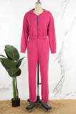 Rose Red Casual Solid Patchwork Hooded Collar Long Sleeve Two Pieces