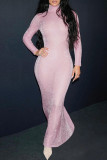 Pink Casual Solid Basic Turtleneck Long Dress Dresses