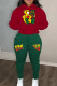 Red Green Casual Print Patchwork Draw String Pocket Hooded Collar Printed Dress Plus Size Two Pieces
