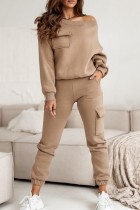 Khaki Casual Solid Patchwork Oblique Collar Long Sleeve Two Pieces