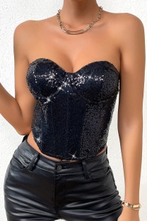 Black Sexy Patchwork Sequins Backless Strapless Tops