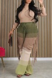 Brown Red Casual Patchwork Tassel Contrast Regular High Waist Conventional Patchwork Trousers