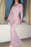 Pink Casual Solid Basic Turtleneck Long Dress Dresses
