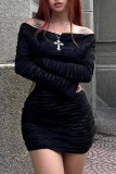 Black Sexy Casual Solid Backless Off the Shoulder Long Sleeve Dresses