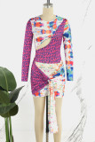 Colour Casual Print Hollowed Out Patchwork O Neck Long Sleeve Dresses