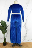 Royal Blue Sexy Casual Solid Frenulum Slit V Neck Plus Size Two Pieces