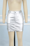 Silver Casual Solid Patchwork Skinny High Waist Conventional Solid Color Skirts