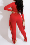 Red Casual Solid Tassel Patchwork O Neck Long Sleeve Two Pieces