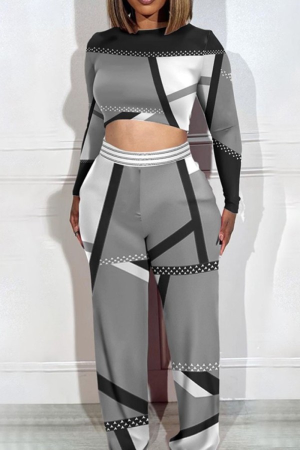 Grey Casual Print Basic O Neck Long Sleeve Two Pieces
