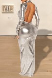 Gold Casual Solid Backless Turtleneck Long Dress Dresses