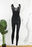 Black Sexy Casual Solid Hollowed Out See-through U Neck Skinny Jumpsuits