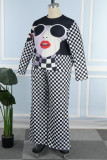 Black White Casual Print Basic O Neck Plus Size Two Pieces