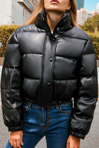 Black Elegant Solid Patchwork Pocket Buckle Zipper Mandarin Collar Outerwear