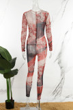 Red Casual Print See-through O Neck Skinny Jumpsuits