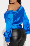Blue Casual Solid Asymmetrical Oblique Collar Tops
