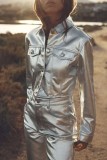 Silver Casual Solid Patchwork Turndown Collar Outerwear