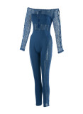 Blue Sexy Solid Hollowed Out Patchwork See-through Off the Shoulder Skinny Jumpsuits