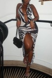 Black White Sexy Print Bandage Backless Slit Halter Sleeveless Dress Dresses