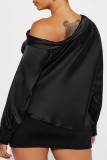 Blue Casual Solid Asymmetrical Oblique Collar Tops