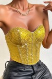 Yellow Sexy Patchwork Sequins Backless Strapless Tops