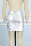 Silver Casual Solid Patchwork Skinny High Waist Conventional Solid Color Skirts