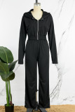 Black Casual Solid Basic Hooded Collar Long Sleeve Two Pieces