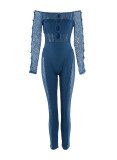 Blue Sexy Solid Hollowed Out Patchwork See-through Off the Shoulder Skinny Jumpsuits