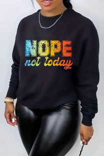 Black Casual Letter Print Basic O Neck Tops