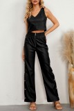 Black Casual Solid Patchwork Slit Regular High Waist Conventional Solid Color Trousers