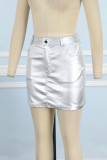 Silver Casual Solid Patchwork Skinny High Waist Conventional Solid Color Skirts
