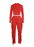 Red Casual Solid Tassel Patchwork O Neck Long Sleeve Two Pieces