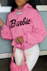 Pink Casual Daily Print Draw String Letter Hooded Collar Tops