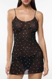 Black Sexy Patchwork Hot Drilling See-through Backless Spaghetti Strap Sleeveless Dress Dresses