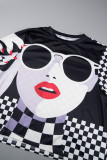 Black White Casual Print Basic O Neck Plus Size Two Pieces
