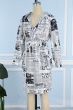 White Casual Print Patchwork Draw String Pocket Hooded Collar Printed Dress Dresses