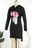 Black Street Print Patchwork Draw String Slit Hooded Collar Long Sleeve Dresses