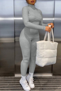 Grey Casual Solid Basic Turtleneck Skinny Jumpsuits