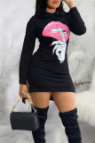 Black Street Print Patchwork Draw String Slit Hooded Collar Long Sleeve Dresses