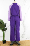 Purple Casual Solid Patchwork Draw String Pocket Buckle Turndown Collar Long Sleeve Two Pieces