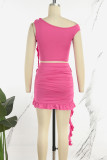 Rose Red Sexy Casual Solid Patchwork Oblique Collar Sleeveless Two Pieces