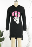 Black Street Print Patchwork Draw String Slit Hooded Collar Long Sleeve Dresses