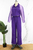 Purple Casual Solid Patchwork Draw String Pocket Buckle Turndown Collar Long Sleeve Two Pieces