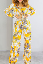 Yellow Sexy Print Bandage Patchwork Buttons Turndown Collar Long Sleeve Two Pieces