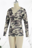 Multicolor Casual Camouflage Print Basic V Neck Tops