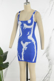 Blue Casual Print Basic U Neck Vest Dress Dresses