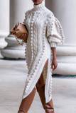 Cream White Casual Solid Patchwork High Opening Turtleneck Straight Dresses