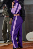 Purple Casual Solid Patchwork Draw String Pocket Buckle Turndown Collar Long Sleeve Two Pieces