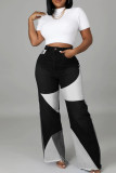 Black Street Color Block Patchwork Pocket Buttons Contrast Zipper High Waist Loose Denim Jeans