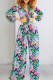 Blue Sexy Print Bandage Patchwork Buttons Turndown Collar Long Sleeve Two Pieces